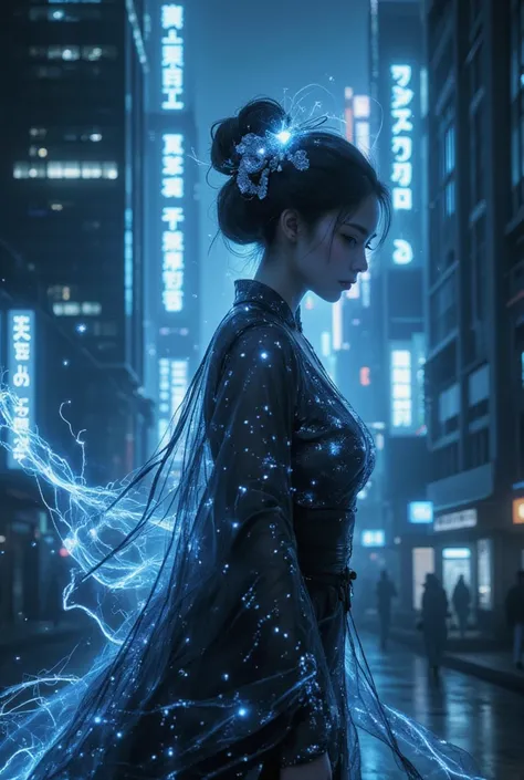 Ghost in the Shell Vol.2 - Assassin Geisha, by Luis Duarte, Luis Duarte style, blue and black shading, Neo-Tokyo style, Element Air, Mythpunk, Graphic Interface, Sci-Fic Art, Dark Influence, NijiExpress 3D v3, Kinetic Art, Datanoshing, Oilpainting, Ink v3,...