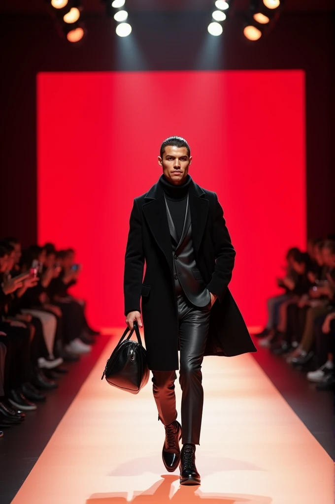 Football player (Cristiano Ronaldo) walks on stage (fashion model) (wearing stylish winter clothes) (black) holding (Cristiano Ronaldo) (black leather bag) in his right hand. The floor of the stage is (red). There is an audience taking pictures. There is a...