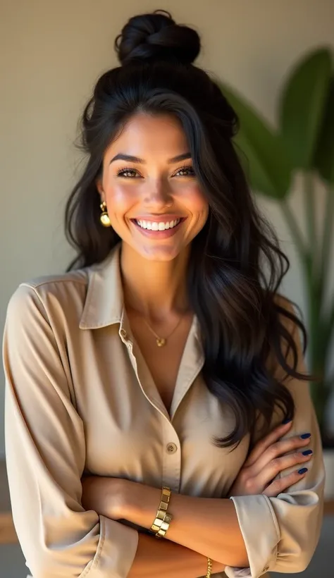 a Caucasian woman in her 30s to 40s with long, wavy straight black hair tied into a high, styled bun. She is smiling warmly and confidently, wearing a beige blouse and gold accessories including bracelets and earrings. The background is soft and blurred, w...