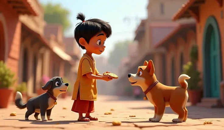 Generate 3d animated image of Indian folk  boy feeding biscuits to three street dogs in a Town with fear