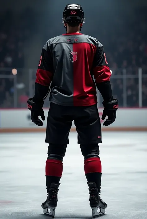  hockey uniform design,  dark and light , colors-black , red, grey.