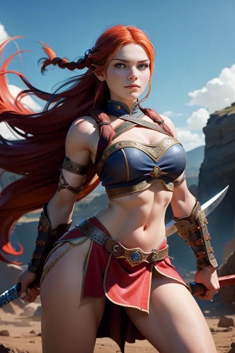 young viking woman , warrior,  long red hair tied in a single braid ,  amazonian body ,  generous hips , curvilinear,  blue eyes...