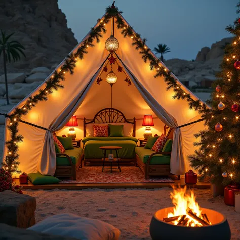 
Christmas style camping tent for 5 people in the color green with Christmas ornaments next to the fire pit, Luxor in Egypt , 4K, Real photo, 4K, hyperrealism, Lots of lighting