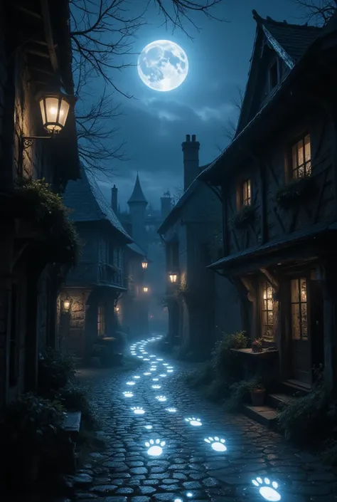 Medieval streets, alleys, deep night:1.4, midnight:1.8, glowing light, drop shadow, moon:1.3, Pitch black, Progressive Nights, moonlight:1.3, Pale-white glowing cat footprints:1.8, Shine cat footprints, Continue deeper, A Magical Shop, UHD, masterpiece, be...