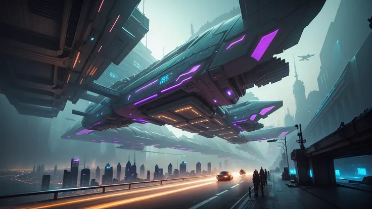 fantasy arts, a futuristic sci-fi all-glass sky tunnel above the metropolis, flying cars are speeding through the tunnel, simple outlined cyberpunk city in the dark background