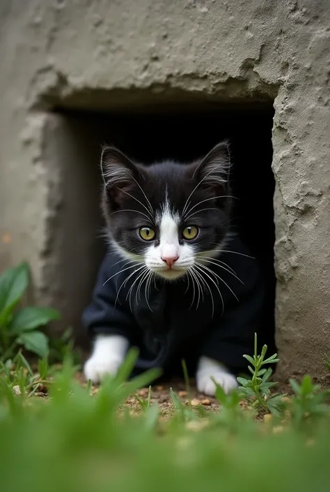 Characteristics: A young black and white kitten ((frajola)) with a black Victorian coat.
Actions: The kitten comes out of a square hole in the wall near the grassy ground, and next to it and inside the hole is a coffin, made of fine wood, varnished, and th...