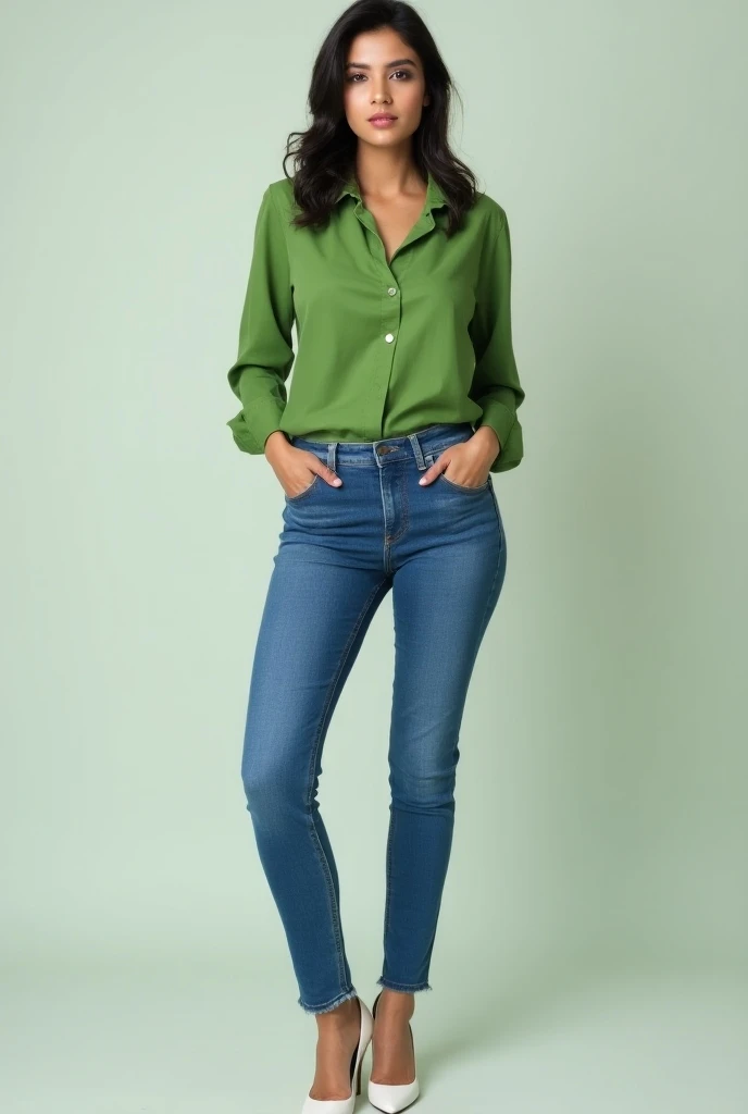 Real image of Indian Bhabhi in round face small nose white high heels green shirt blue jeans