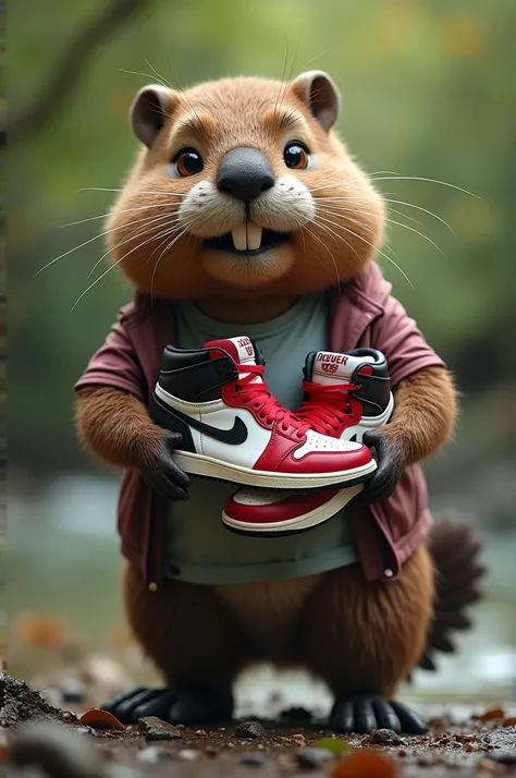 A beaver with sneakers in his hand by the brand Jordan 