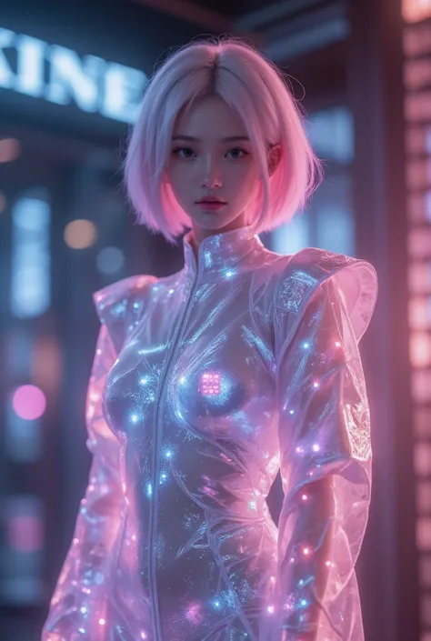 xuer hologram Laser dress,Short pink and white hair,