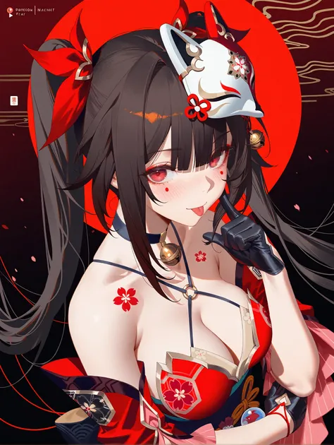 1girl, sparkle (honkai: star rail), kuroduki (pieat), (rei (sanbonzakura):1.2), machi (7769), meion, :p, from side, from from above, bare shoulders, black gloves, blunt bangs, blush, brown hair, circle facial mark, cleavage, closed mouth, detached sleeves,...