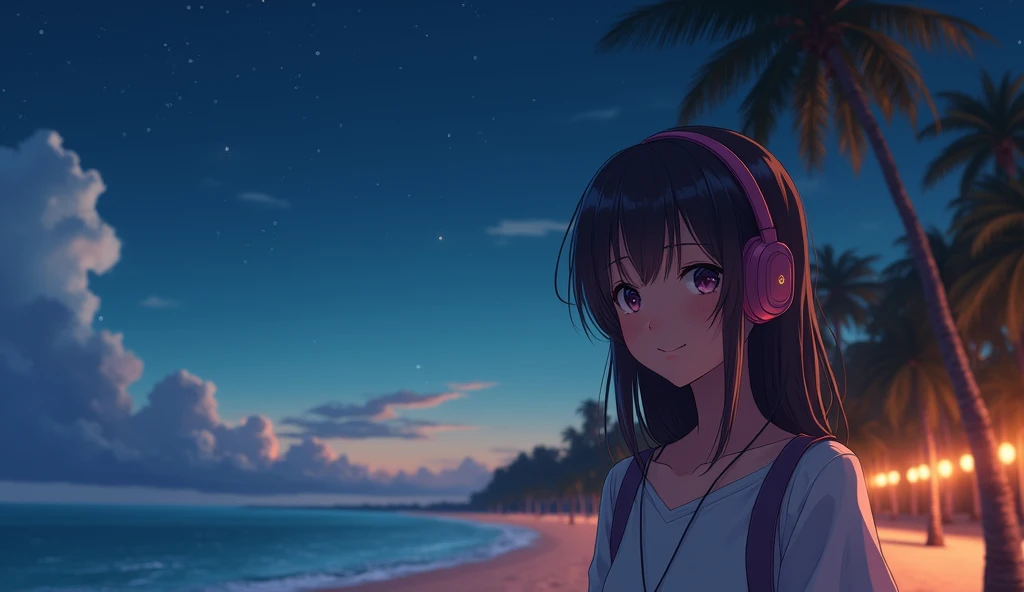 8k、High school girl、Mature、 headphones、T-Shirts、smile、dark、beach、 romantic 、 glitter、 palm trees、night、Anime 2D Style、Lo-Fi、LoFi、アニメ調Illustration、Illustration、 Long Shot 