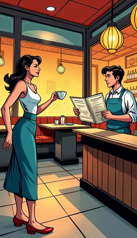  A woman walks into a restaurant, The waiter shows him the menu . comic style. 