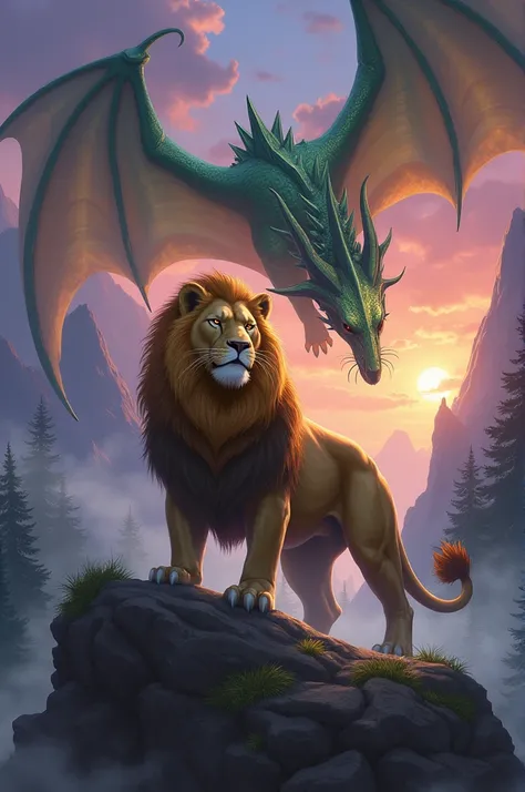 "Create a dynamic scene featuring a majestic lion and a fierce dragon in a mystical landscape. The lion, with a golden mane and powerful build, stands on a rocky outcrop, its piercing amber eyes gazing fiercely ahead. The dragon, with shimmering emerald sc...