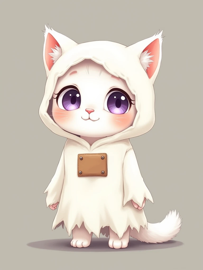 “A cute, whimsical White cat **dressed as a ghost**, with large, bright puerple eyes that give an innocent and curious expression. The ghost costume is tattered, with a small brown patch sewn on the front and frayed edges around the bottom. The character s...