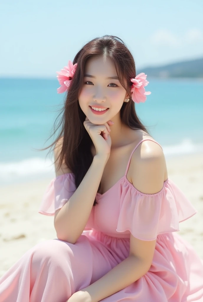  Beautiful Asian woman sitting on the beach， pink flowers on her hair , korean girl,  Gorgeous Chinese Model ,  at the beach , beautiful south korean women, korean women, at the beach, at the beach, japanese model,  Beautiful Asian Girl , Pose on the beach...