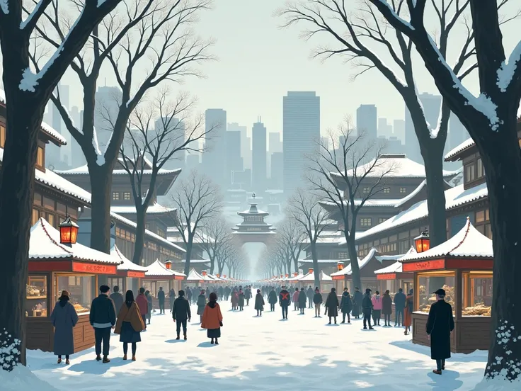 Plaza of the city anime style konoha, with many trees, many people around, City with snow everywhere