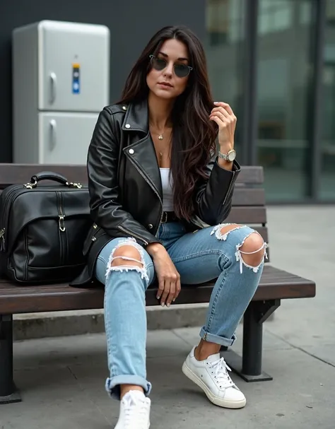 Super real photo,(( brunette european woman 43 year old,  long dark hair )), ((moderately curvy figure)),  refrigerator of short stature,  Araf woman sits on a bench with a suitcase and jacket, leather jacket and denim jeans, cool style,  chrome outfit , m...