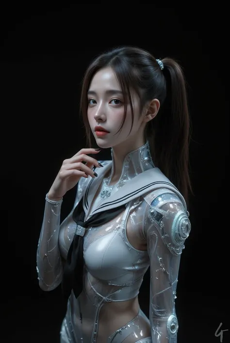 ((best quality)), ((masterpiece)), (detailed), perfect face. real live photo of Stellar Blade, japanese girl with ponytail, futuristic white and black outfit with transparent student sailor design. cybernetic accessories. black background, 8k portrait rend...