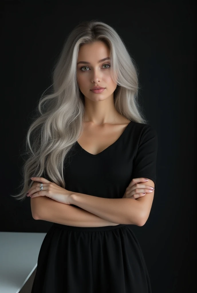 Beautiful Russian girl with white skin, light gray hair,  long hair, smooth facial features, professional photo, 4K,  high resolution ,  is highly detailed,  aesthetically appealing , Beautiful,  Realistic , standing straight,  looks straight , against the...