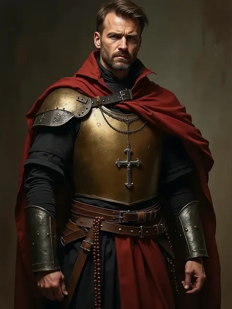 Henri d’Aramitz in priestly attire adapted for battle, with a dark, long tunic beneath a leather vest, a rosary hanging from his waist alongside his sword. His expression is solemn yet fierce, showing the conflict between faith and duty.