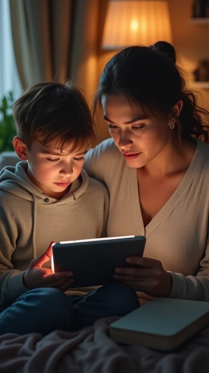 Mother irritated with her son because her son doesnt want to put down the tablet