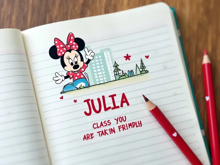 Generate school pen ,  in which you write the name of the student, for example JULIA , The class you are taking, for example, SCIENCE and some cartoon decorating the pen like Minnie Mouse, The pen must be stuck in a school notebook