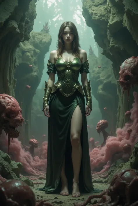 1 girl,sexy armor, green plants，pink leggings, shiny_astride, axially symmetrical, (exposed shouldersbare shoulders:1.1), Huge dark bloody Angel wings，rich background, film shooting, depth of field, Super visual, The art of HR Giger and Beksinski blende ...