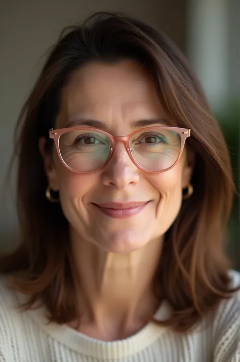 Middle-weight woman, light skin, straight hair, Brown and under the shoulder . pink mouth,  wear rose frame glasses