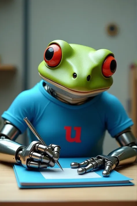 A robotic frog wearing a blue sports t-shirt writing in a blue notebook with a red letter U