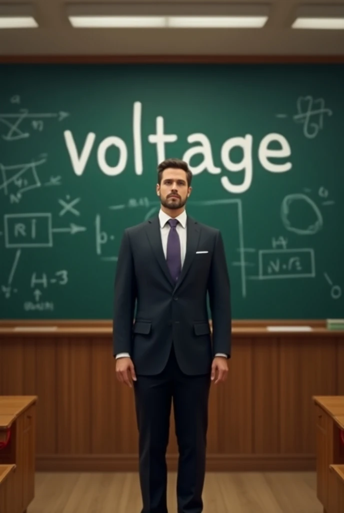 A teacher standing in front of a board which vol tage is written on