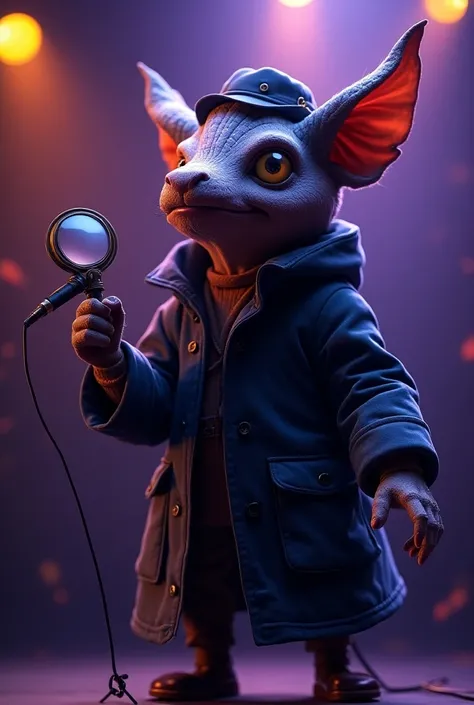 Make a detective singing with a microphone and a magnifying glass in the other hand, in the colors: purple, orange, black and blue.  Make a unique detective, an image outside of human thought, without being scary 