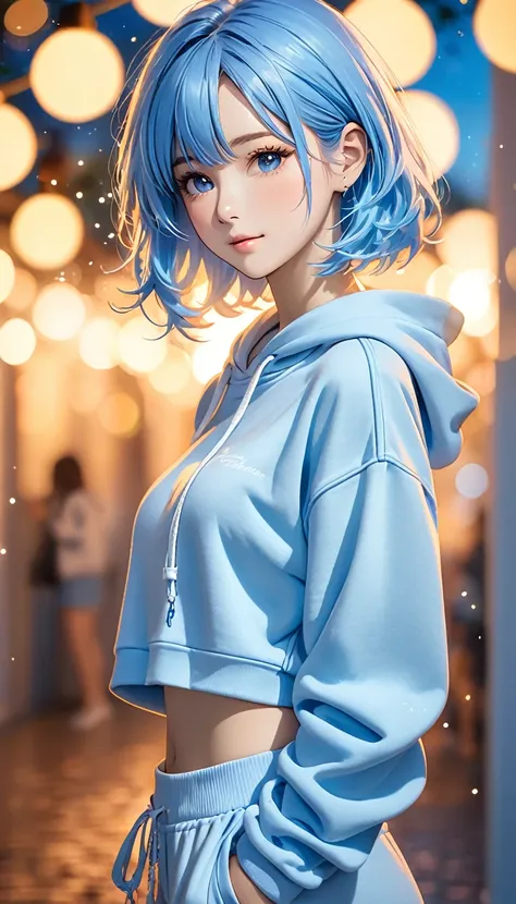 In the image, there is a person with blue hair wearing a hooded sweatshirt. The sweatshirt is light-colored and has drawstrings hanging down. The persons midriff is exposed, with the sweatshirt being somewhat cropped. The background is filled with a bokeh ...