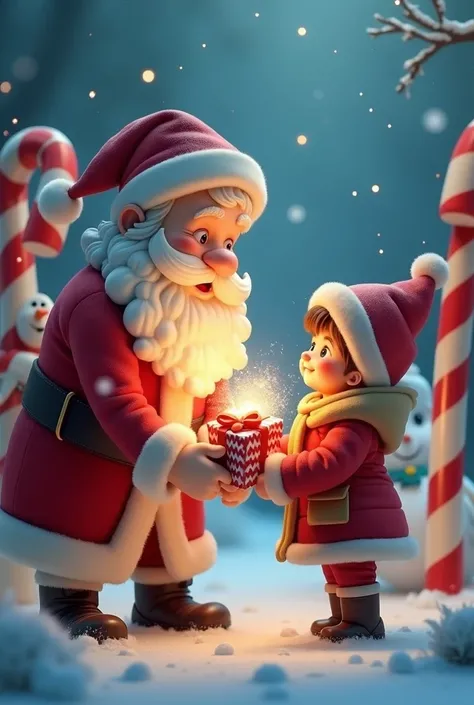  Santa Claus delivering magic gift to a happy child, candy canes and snowman in the background .