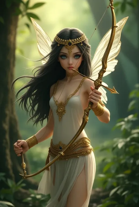 A fairy with a bow and arrow, blue eyes, black hair and white skin with gold jewelry