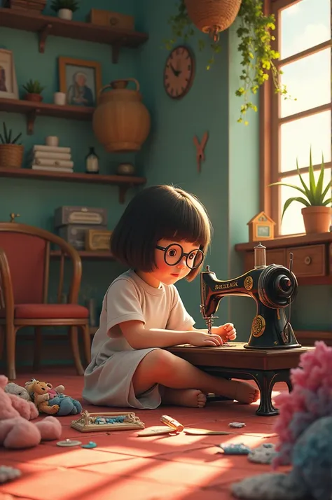 Girl of  short hair lenses with a bold vintage sewing machine on the floor with several dolls making her clothes with scraps of fabric lying on the floor scissors measuring tape magic saw buttons ribbons I want everything to look messy because just a girl ...