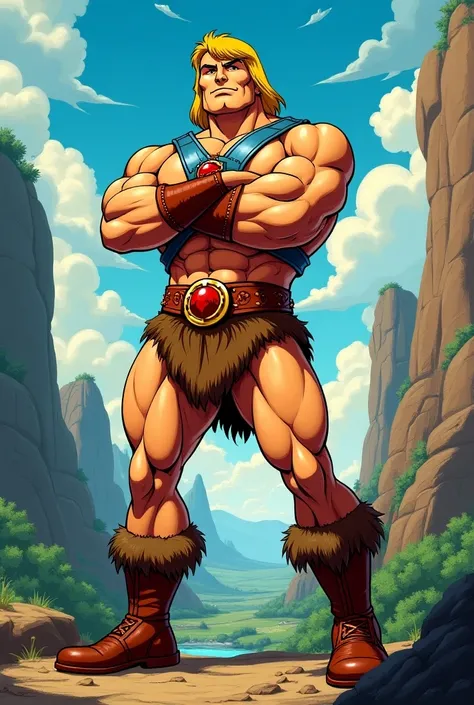 Full-body image of the he-man in the cartoon style of the 90s