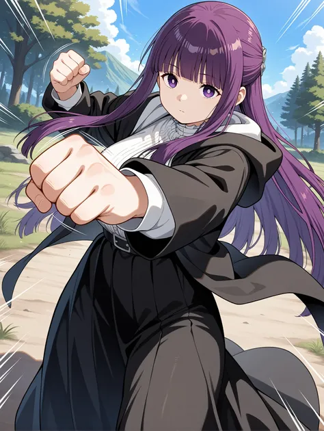 fern (sousou no frieren), expressionless, fighting stance, punch,pump fist, motion lines, outdoors,
,masterpiece,best quality,amazing quality,very aesthetic,absurdres,newest,