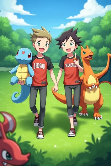 Generate an image of a   (male sex)  Pokémon trainer holding a squirtle with a shirt written chordo next to his friend  (male sex)  with a charizad wearing a shirt written Charizarde  , They are happily walking on the field ,  and right in the corner of th...