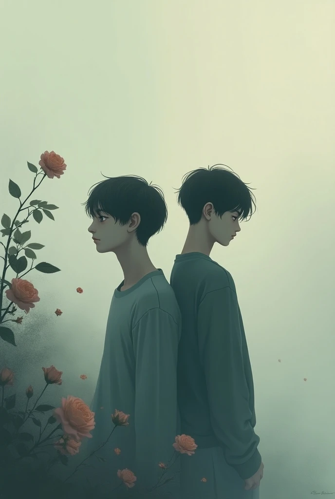 need a cover page there should be faded roses in a corner and two boys look sad. Add some misty calm backgroud. The two boys should be like "we cannot leave"