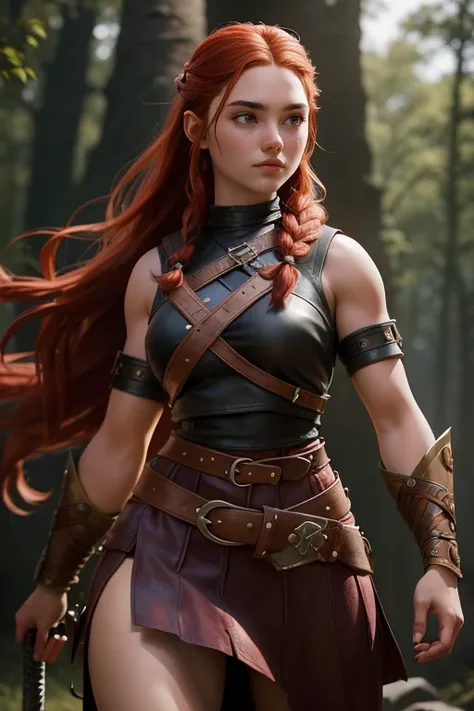  Young Viking woman , warrior,  long red hair tied in a single braid ,  amazonian body ,  generous hips , curvilinear, armed with sword , He wears leather armor with leather linings and Celtic and Norse knots, fur skirt, highest quality,  masterpiece , sup...