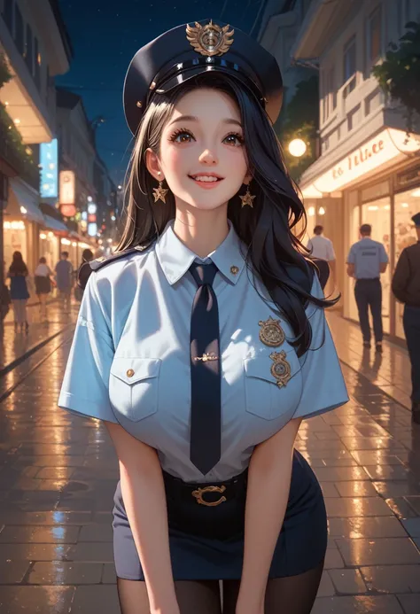 girl, cute, adorable, long black hair, tall, big breasts, police uniform, police hat, street, night