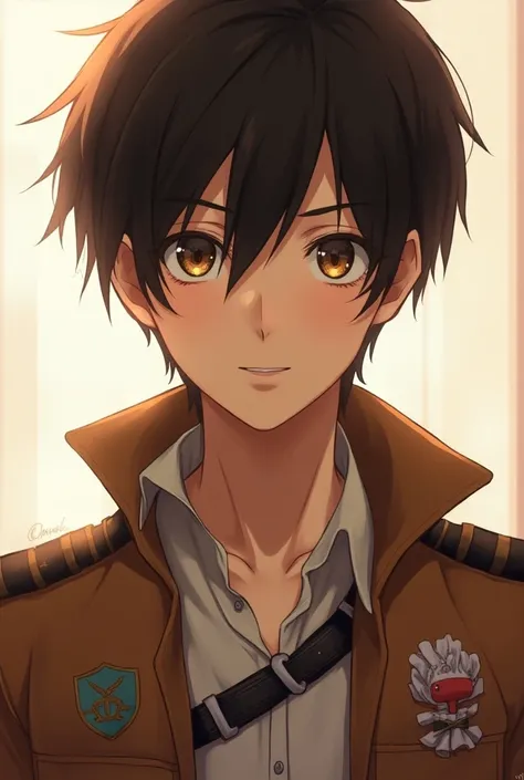 A beautiful anime boy with brown eyes named Levi Akuman and his hair and wears the costume of the Discovery Corps from the Attack of the Giants anime