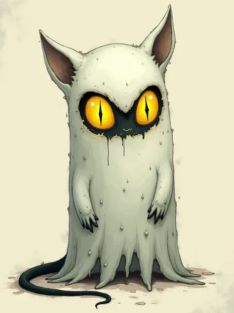 "IMG_2384.CR2: a cartoon-style creature with a ghost-like white body, featuring multiple yellow eyes with black outlines arranged in a triangular pattern on its face, conveying a mysterious and slightly eerie expression. The creature has two small, pointed...