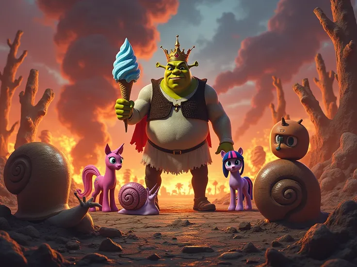  you have an environment of fire hell and destruction with the ice cream king, a snail , Twilight Sparkle, Pulpleito ,  Pablo de los Backyardigans , Shrek, 