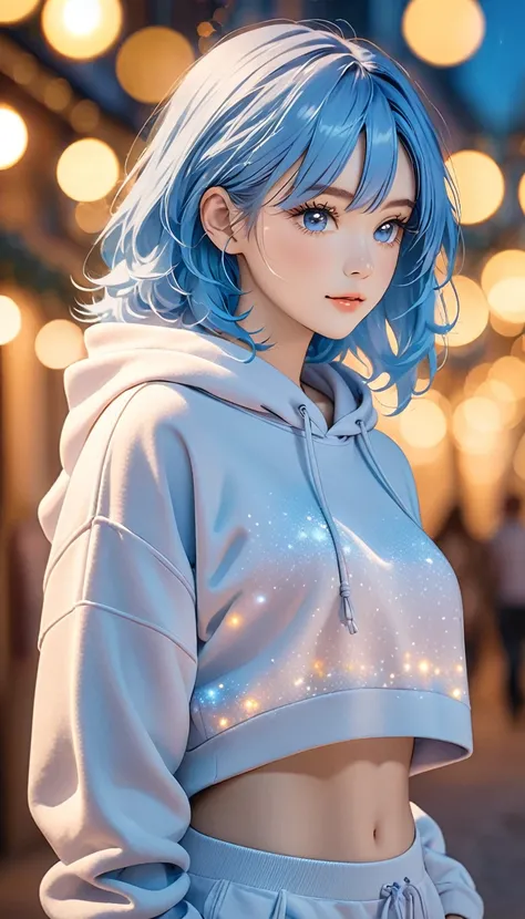 In the image, there is a person with blue hair wearing a hooded sweatshirt. The sweatshirt is light-colored and has drawstrings hanging down. The persons midriff is exposed, with the sweatshirt being somewhat cropped. The background is filled with a bokeh ...