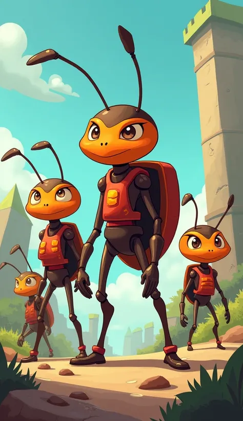  "An ant leading other ants in a rescue team ,  with each ant in a posture ready to help and work together."Animated style with anthropomorphic characters