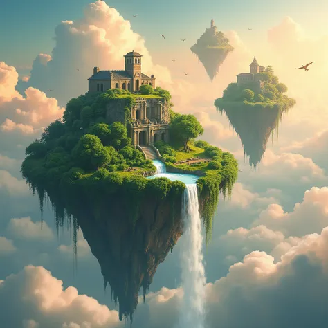 “Floating Isles”
This digital art piece depicts a series of floating islands high in the sky, surrounded by soft clouds. Each island is lush with vibrant greenery, waterfalls cascading off their edges, and ancient ruins dotting the landscape. The sky above...