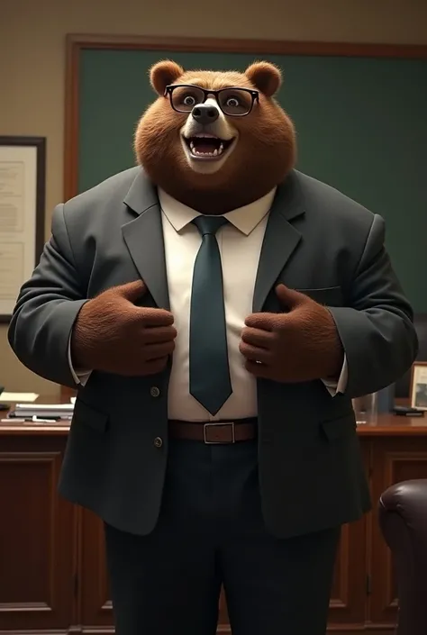 Anthro the fat furry bear holding his big belly while laughing, principals office, meaty hands, tight suit, tight buttoned shirt, standing in front of his desk, detailed brown eyes, dark brown fur, thick arms, thick legs, chubby face, thick neck, glasses, ...