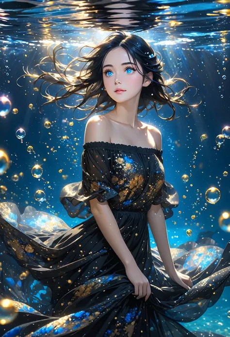 This image depicts a girl with bright blue eyes in an underwater scene, her shiny black hair flowing freely and surrounded by tiny particles of light and bubbles. The woman is wearing a black gold off-the-shoulder dress that appears to be made of loose, de...