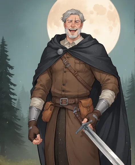 wh33z13, 1male, old man, beard, dressed in medieval leather, holding sword, muscle, grey hair, many wrinkles, wearing a dark cloak, medieval hunter, pouch in belt, night in background, detailed face, dark forest, moon in background, facial details, scars, ...